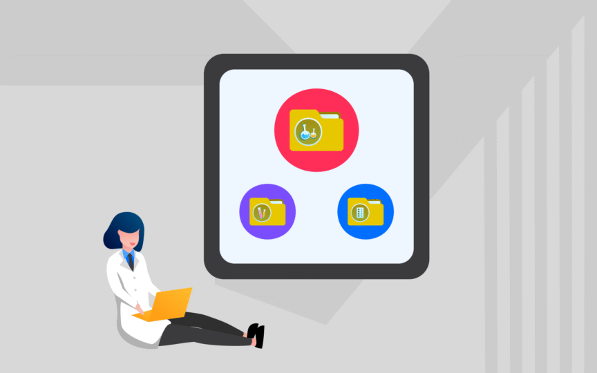 HealthTech brand strategy example with doctor using laptop and digital folders for different medical sectors.