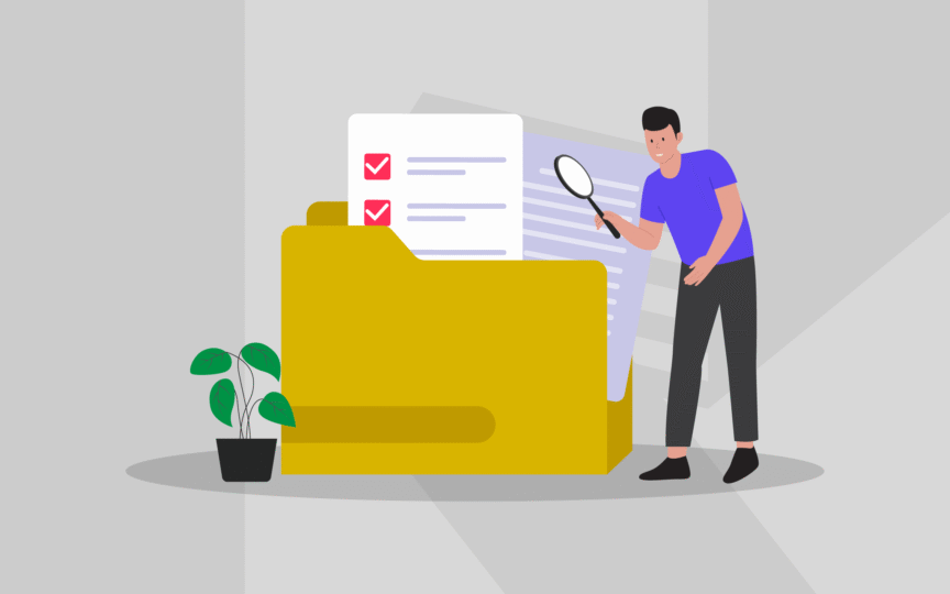 Illustration of a man reviewing documents in folder