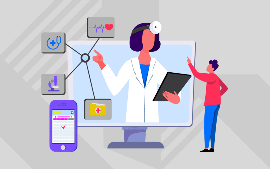 Illustration of a doctor on screen with medical icons