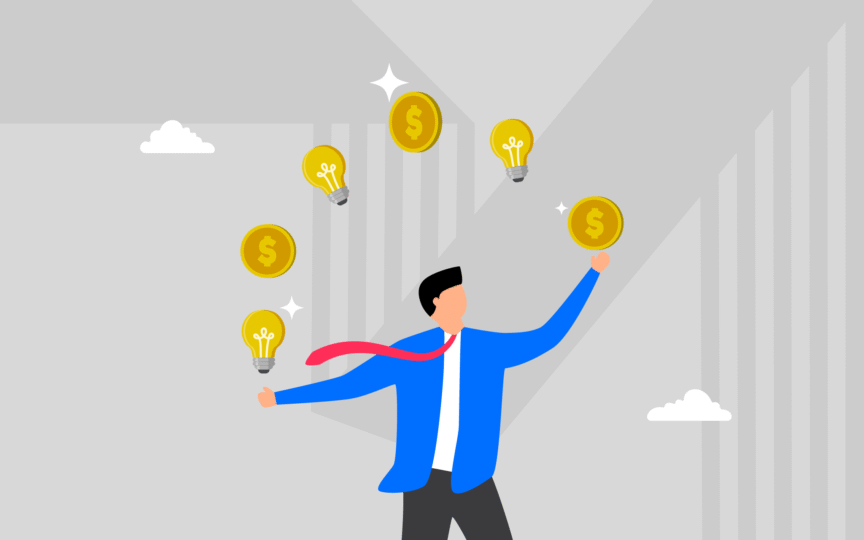 Businessman juggling coins and lightbulbs, symbolizing HealthTech brand strategy that builds investor confidence.