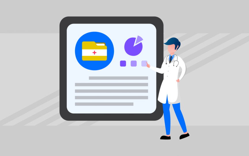 Doctor presenting a digital dashboard with medical data and charts, symbolizing investor-ready HealthTech brand strategy.