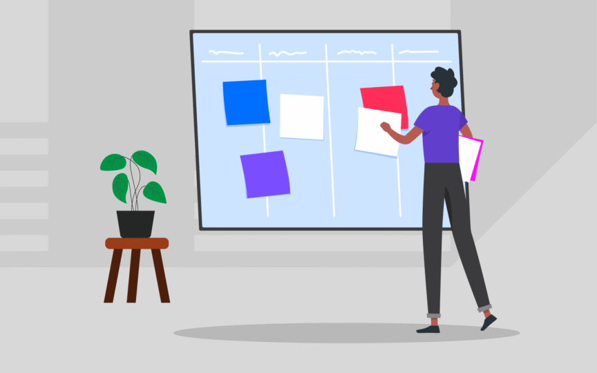 Person organizing sticky notes on a board to plan tasks, representing a 30/60/90-day strategy roadmap.