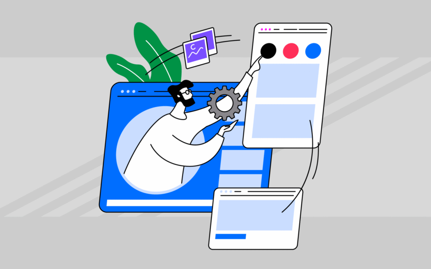 An illustration of a man adjusting digital design elements with floating windows, colors, and layouts.