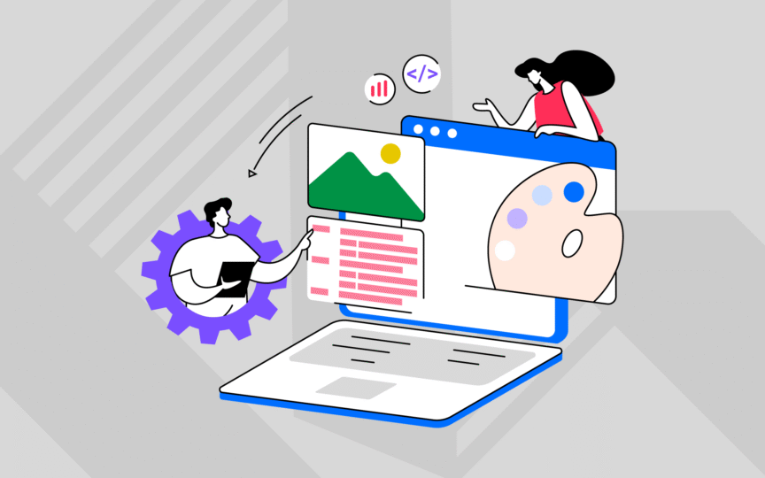 An illustration of two people designing on a laptop with icons for images, code, and color palettes.