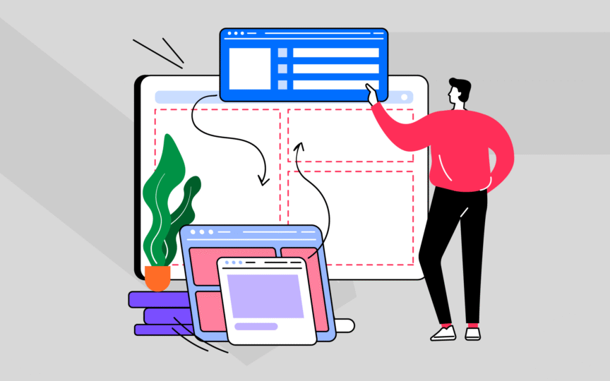 Illustration of a designer arranging layouts, showing step-by-step how to create brand guidelines people can use.