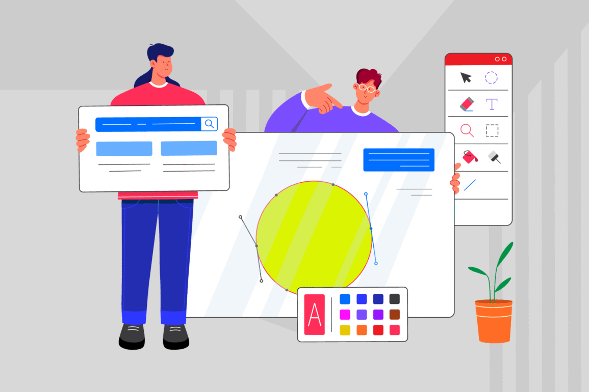 Two people holding brand guideline elements