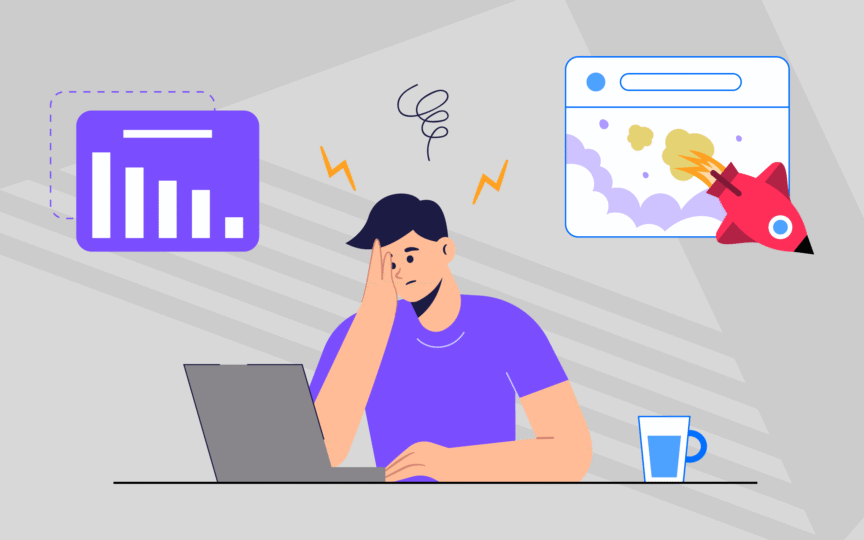 Person looking at bad guideline implementation, surrounded by descending bar chart.