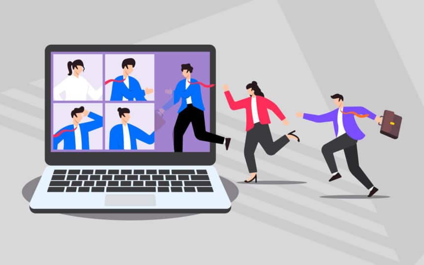 Illustration of hybrid team members running toward a laptop screen showing colleagues on a video call, symbolizing connected teamwork.