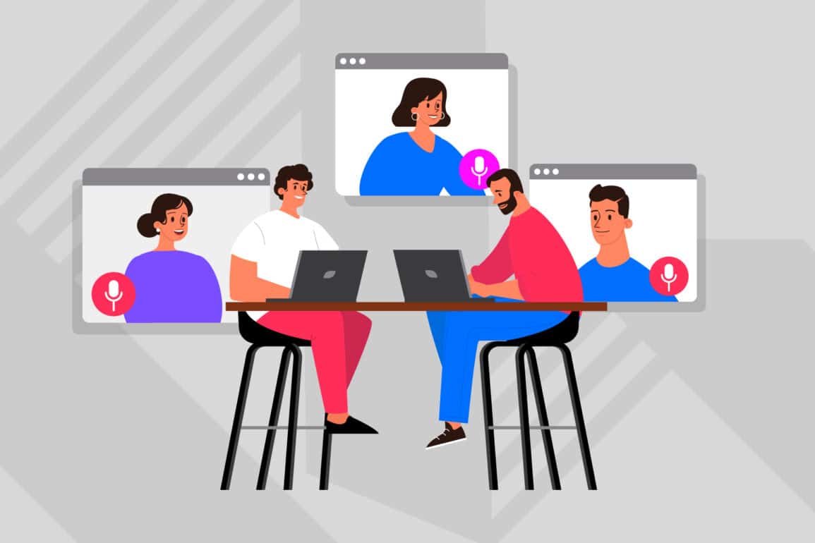 Illustration of hybrid team members collaborating, with two people working on laptops at a table and additional colleagues joining through video call windows, representing coordinated brand adoption across distributed teams.