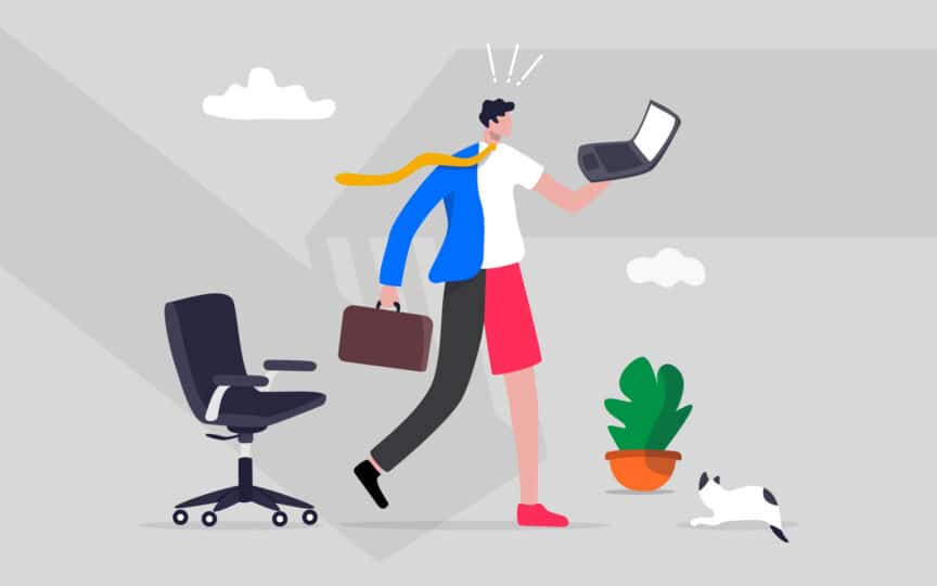 Illustration of a man split between work and home attire, holding a laptop and briefcase.