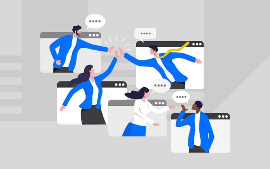 Illustration of people interacting and high-fiving through overlapping computer windows, representing collaboration in a hybrid work environment.