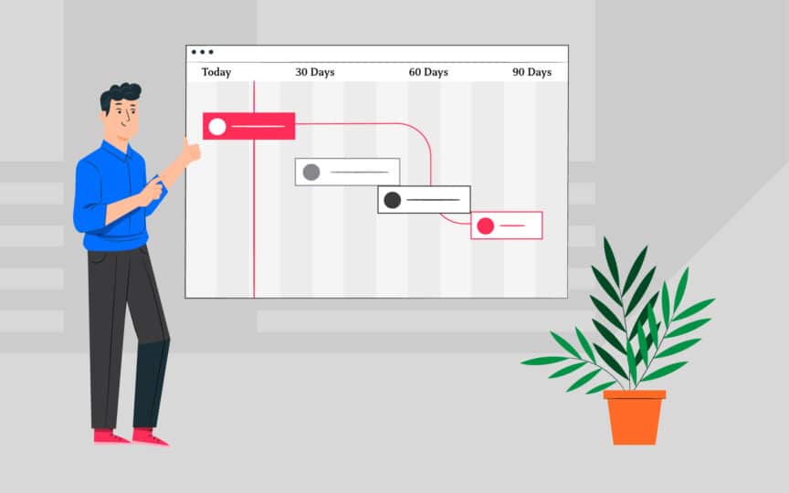 Illustration of a person presenting a 90-day project timeline, symbolizing a structured and practical plan for achieving internal brand alignment through focused, measurable actions.
