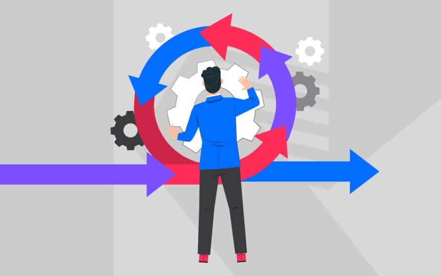 Illustration of a person engaging with interlocking gears and circular arrows, symbolizing continuous improvement and the ongoing practice of internal brand alignment.
