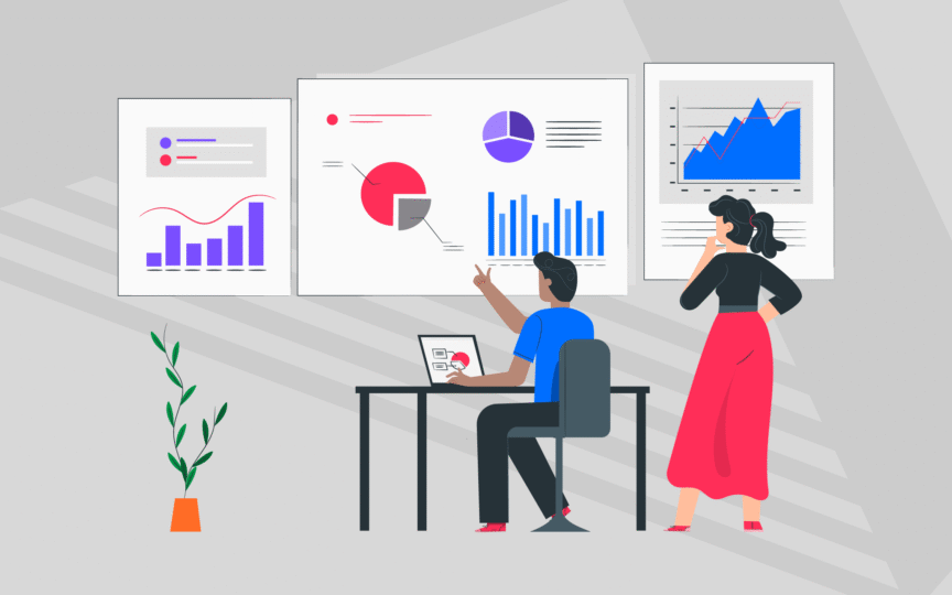 Illustration of two colleagues analyzing data charts and graphs on a wall, symbolizing diagnosing issues and identifying symptoms of poor internal brand alignment.
