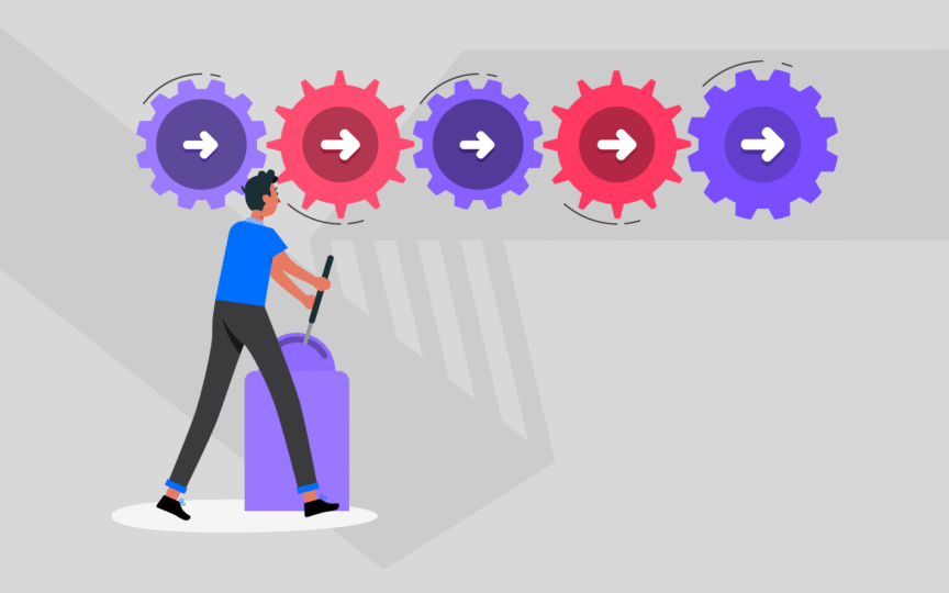 Illustration of a person operating connected gears, symbolizing the layered process of building brand alignment.