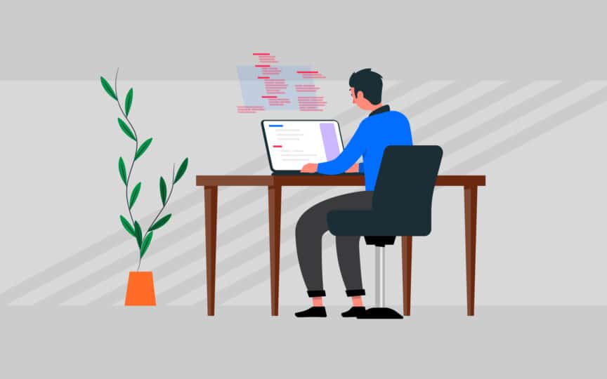 Illustration of a person working on a laptop with digital tools and data on screen.