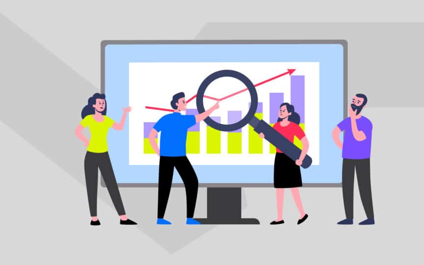 Illustration of a team analyzing a chart on a large screen, with one person holding a magnifying glass to highlight brand behaviours progress.
