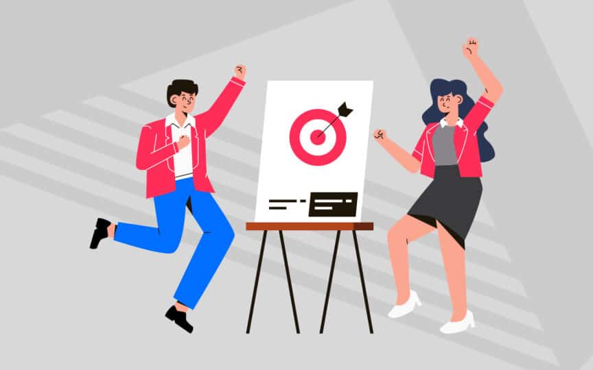 Illustration of two people celebrating beside a target board with an arrow hitting the center, symbolizing turning values into actionable behaviours.