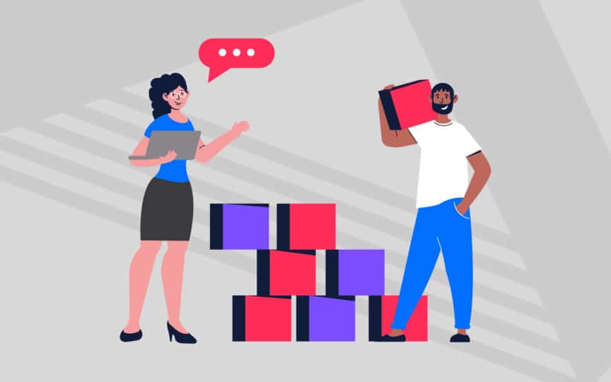 Illustration of two people collaborating beside a stack of colorful blocks, symbolizing building a structured messaging framework.