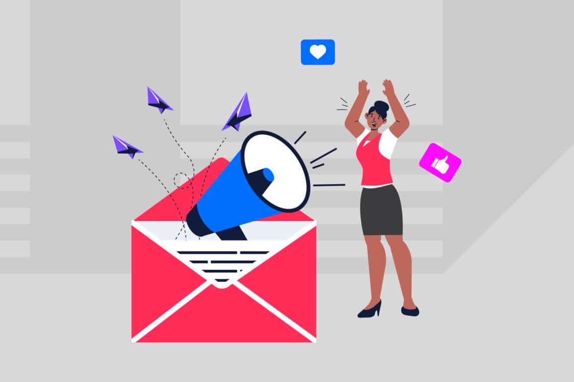 Illustration of a woman celebrating as a megaphone and paper planes emerge from an open envelope, symbolizing effective communication.