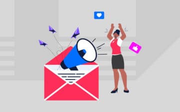 Illustration of a woman celebrating as a megaphone and paper planes emerge from an open envelope, symbolizing effective communication.