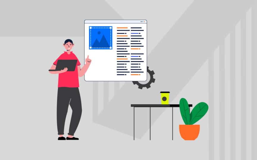 Illustration of a person presenting a screen with image and text elements, standing beside a desk with a coffee cup and plant.