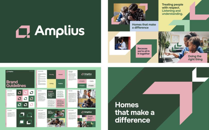 Collage of Amplius brand visuals featuring a logo, brand guidelines, and marketing materials with pastel pink, green, and beige tones.