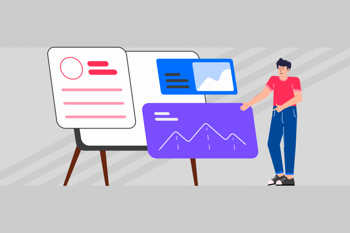 Illustration of a person presenting charts and design layouts on large boards, symbolising how strong branding helps build investor confidence through clarity, professionalism, and growth potential.