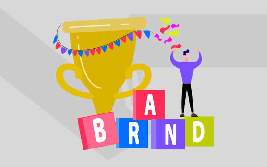 Illustration of a person celebrating beside a large golden trophy and colorful blocks spelling the word “BRAND,” symbolizing success through strong branding and investor confidence.