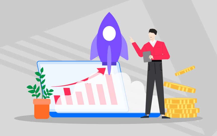 Illustration of a person standing beside a laptop displaying a rising graph, with a rocket launching upward and stacks of coins nearby, symbolizing brand growth, investor confidence, and turning belief into investment success.