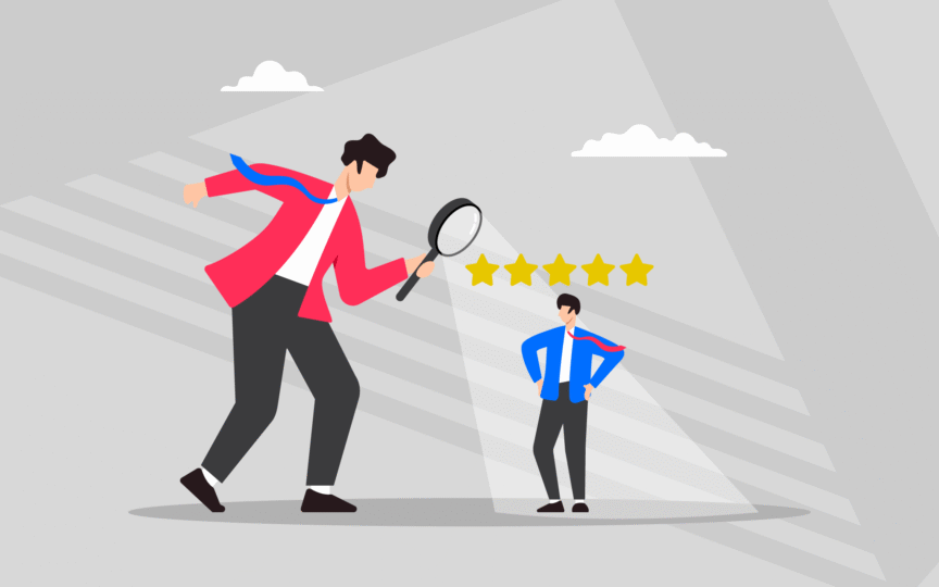 Illustration of a large person holding a magnifying glass inspecting a smaller person standing confidently under five gold stars, symbolizing what investors look for in a strong and trustworthy brand.