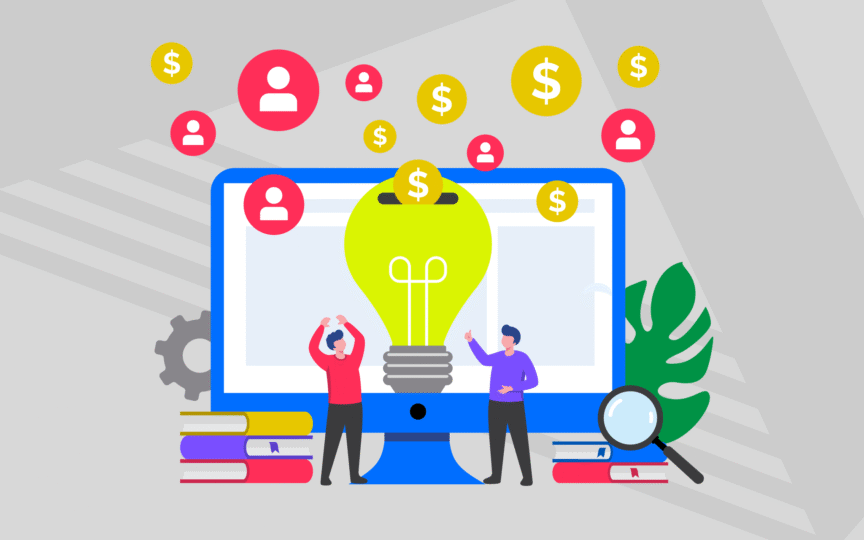 Illustration of two people beside a large lightbulb on a computer screen, surrounded by dollar and user icons symbolizing how strong branding attracts investors by signaling value and credibility.