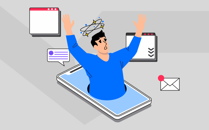 Frustrated man emerging from a smartphone surrounded by messages and tasks, symbolizing common pitfalls to avoid in investor branding.