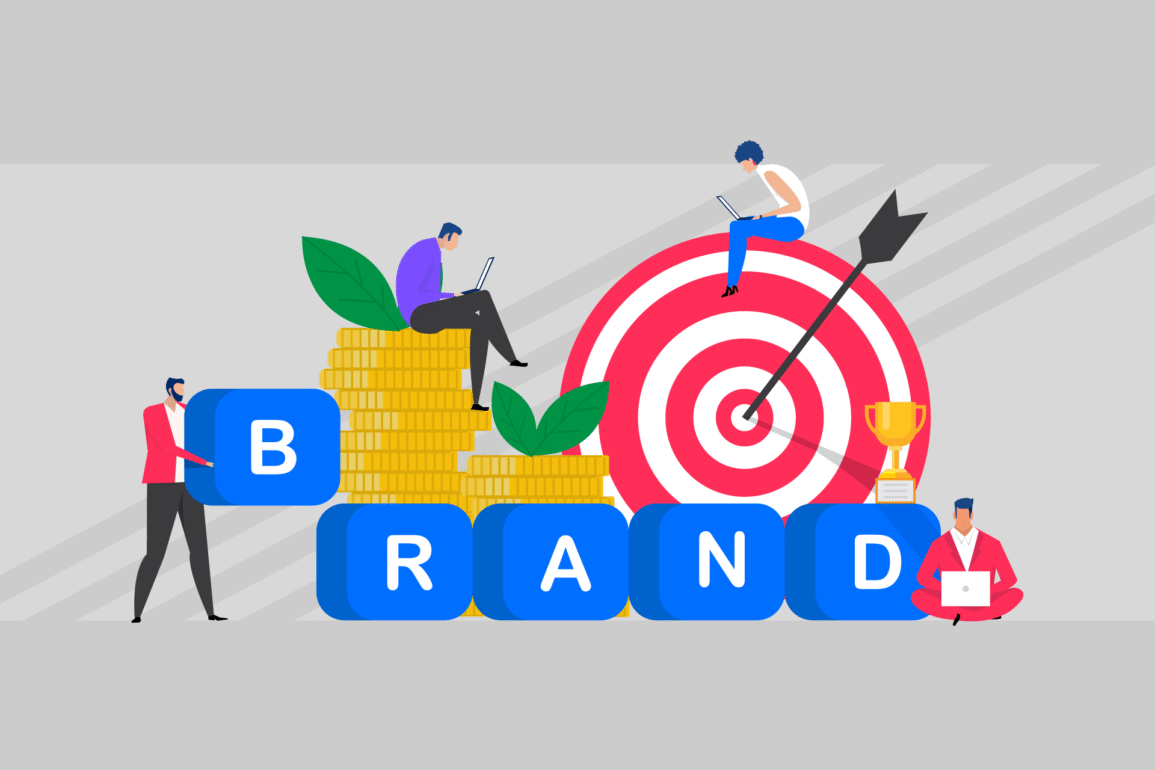 Illustration of people building the word “BRAND” with large blue blocks, surrounded by gold coins, a target with an arrow, and a trophy—symbolizing strong, investor-ready branding as a competitive funding advantage.