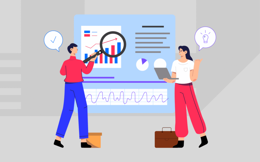 wo professionals analyzing growth charts and data on a screen, symbolizing how to make a brand investor ready through strategy and refinement.
