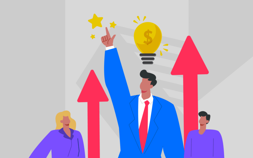 Business leader reaching for a star beside a glowing lightbulb with a dollar sign, symbolizing brand growth and funding success.