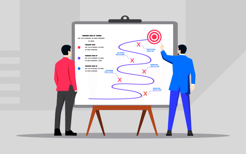 People planning path that avoids obstacles to achieve goal.