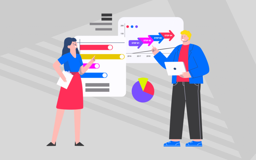 Two people studying steps to elevate brand.