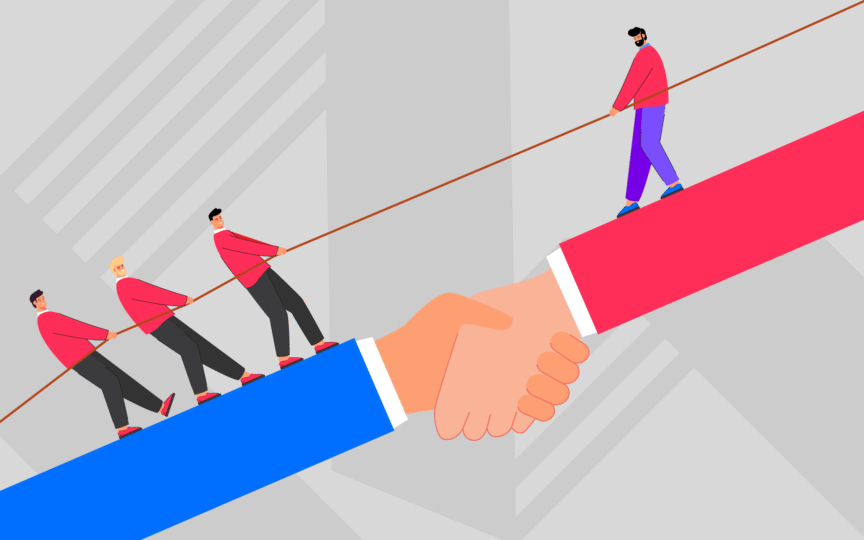 Leader helping team up steep incline.