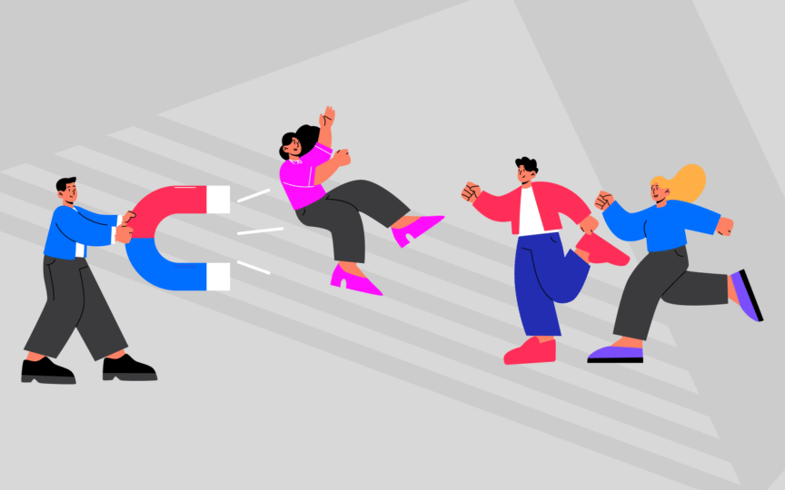 Person holding a large magnet attracting three people.