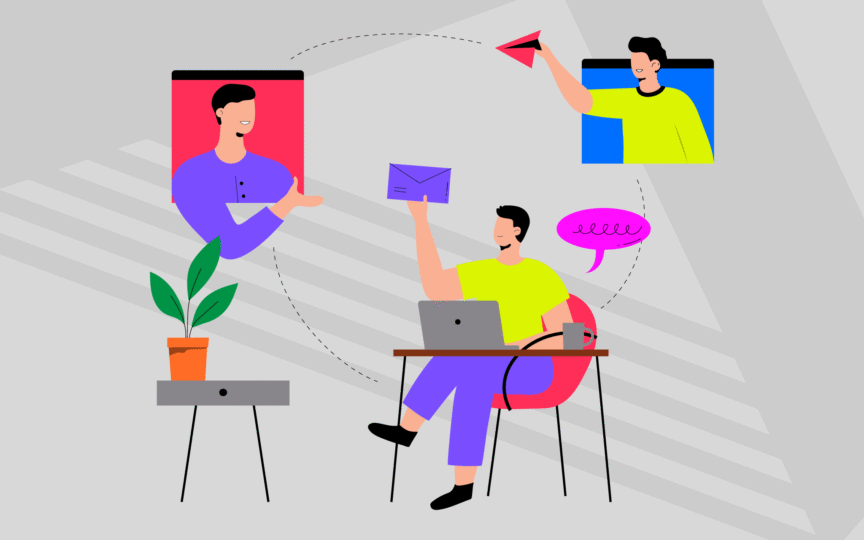 Merger branding internal communications between three people.