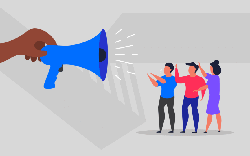 Three people listening to megaphone.