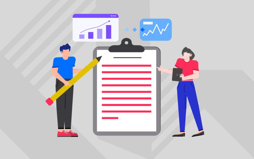 Two stylised characters stand beside a large clipboard with lines of text in red. The person on the left, wearing a blue shirt and dark trousers, holds a giant yellow pencil. The person on the right, in a red top and blue trousers, gestures toward the clipboard while holding a tablet.