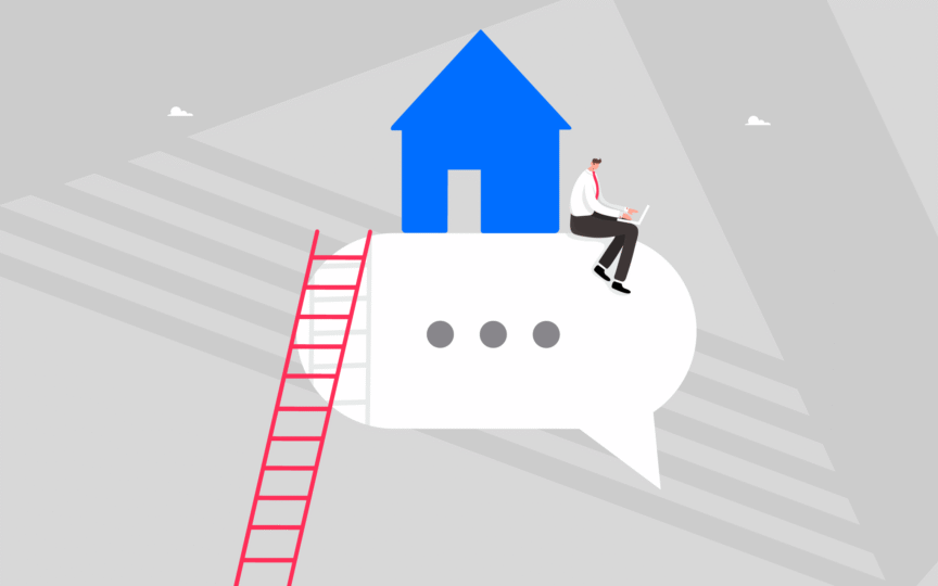 Person sitting beside a blue house on large speech bubble that has a ladder leading from the bottom edge of the image.