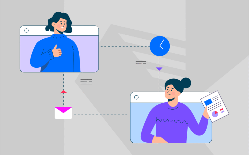 Illustration showing two stylised people in browser‐window frames connected by dashed lines, arrows and an email icon — upper left a person giving a thumbs up, lower right a person holding a document with charts — representing message flow or hierarchy rollout.
