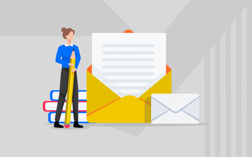 Person holding large pencil standing beside large open envelope with written letter poking out. Message hierarchy template.