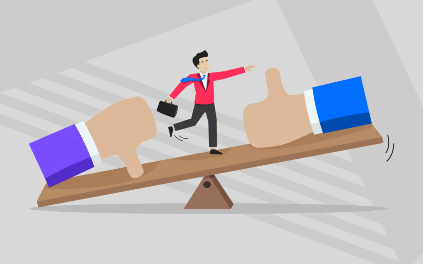 Illustration of a man in a suit balancing on a seesaw between a thumbs down and a thumbs up, with the thumbs up outweighing the thumbs down.