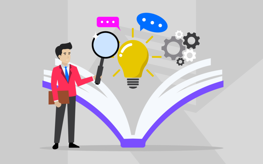 Man examining an open book with a magnifying glass, a light bulb symbolizing ideas above it.