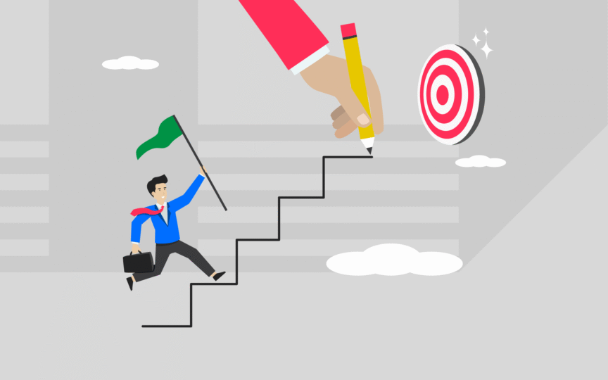 Businessman climbing hand-drawn stairs toward a target, symbolizing progress and goal-setting in a mission statement strategy.