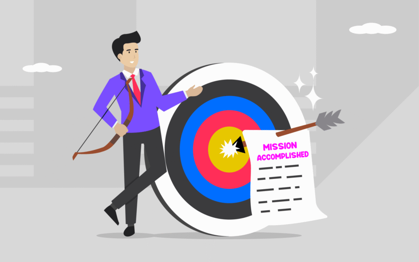 Professional hitting the bullseye with an arrow labeled "Mission Accomplished," illustrating the successful execution of a mission statement.
